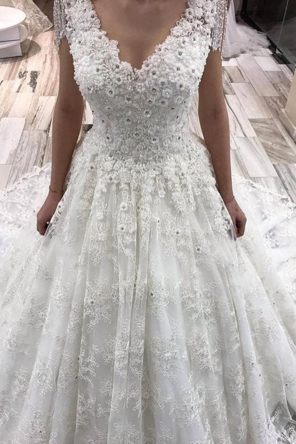 Classy Long A-Line Deep V-neck Appliques Lace Floor-length Wedding Dress