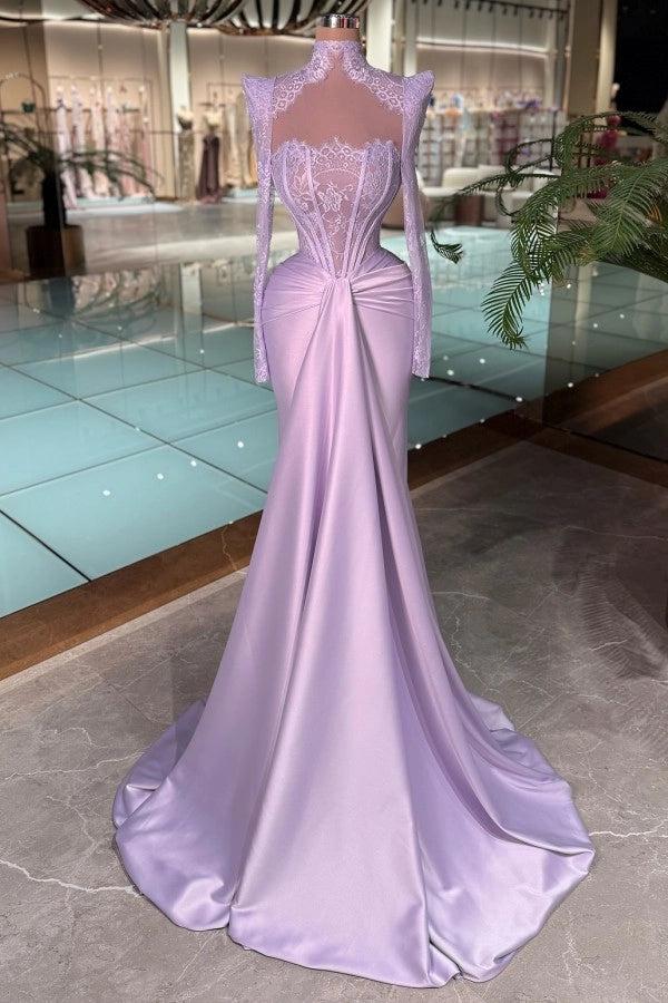 Cocosbride Purple Long Sleeves High Neck Lace Mermaid Prom Dress with Drape
