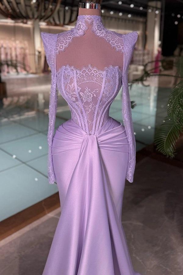 Cocosbride Purple Long Sleeves High Neck Lace Mermaid Prom Dress with Drape