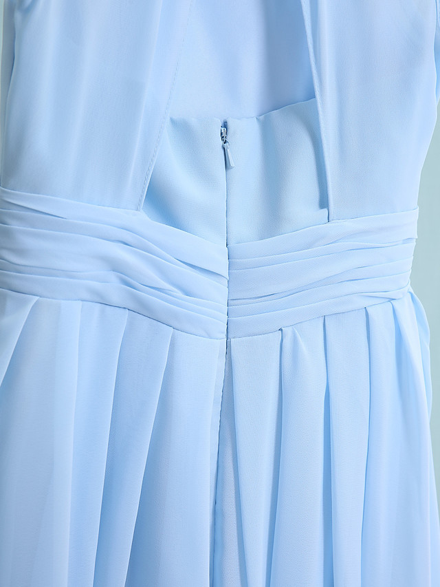 Sky Blue Long A-line Jewel Neck Knee Length Chiffon Junior Bridesmaid Dress