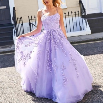Beautiful Long A-line Tulle Lace Backless Prom Dress