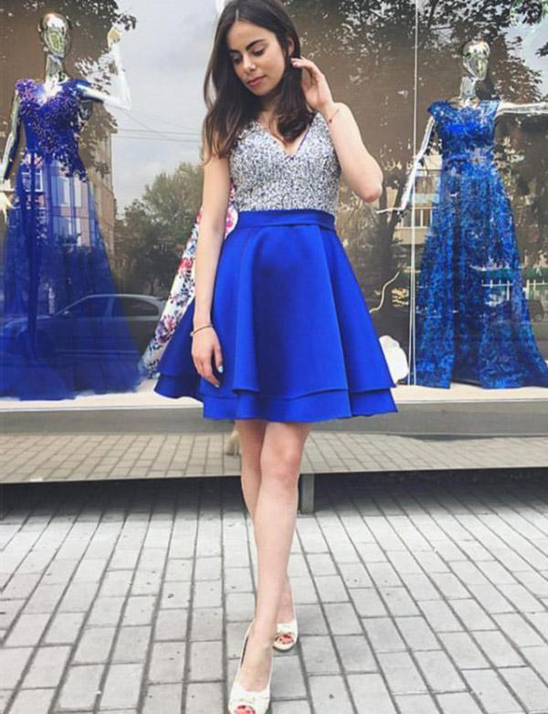 Chic Short V-neck Sequined A-line Satin Homecoming Dress
