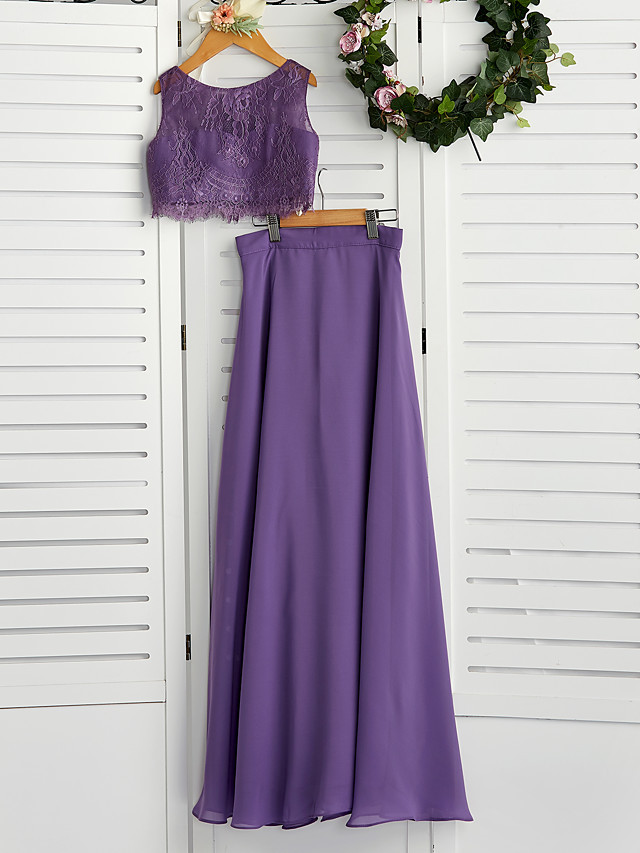 Long A-line Two Piece Chiffon Lace Junior Bridesmaid Dress
