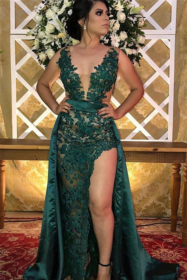Awesome Long Mermaid V-neck Straps Appliques Lace Formal Evening Dress with Slit