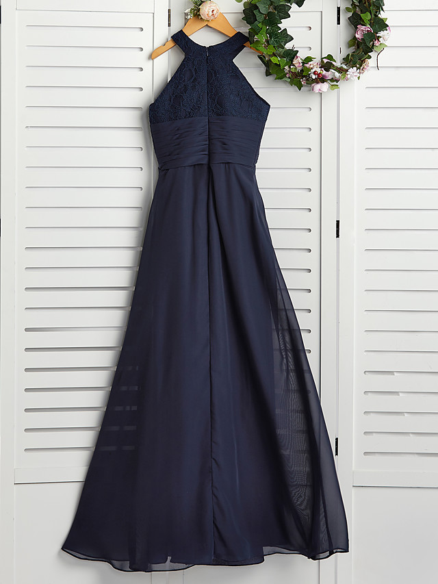 Long A-line Jewel Neck Chiffon Junior Bridesmaid Dress Dark Navy Wedding Party Dresses
