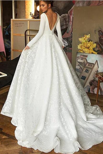 Long Sleeve V-neck Satin Backless Lace A-line Wedding Dress