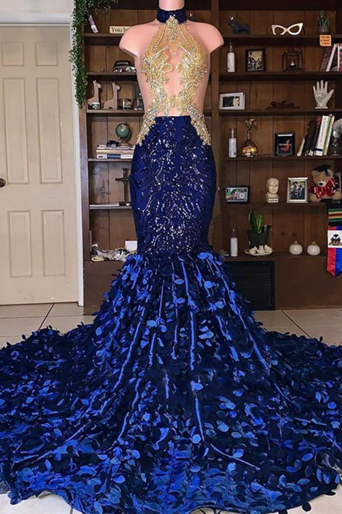 Royal Blue Mermaid African Sexy Beaded See Through Prom Dress