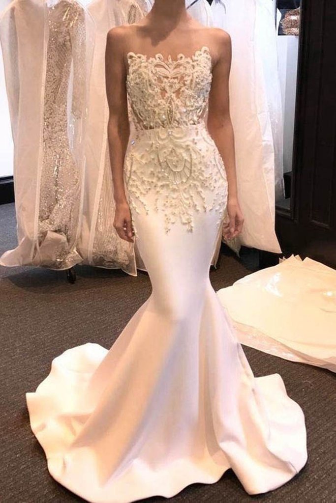 Long Mermaid Sleeveless Sweep Train Satin Wedding Dress