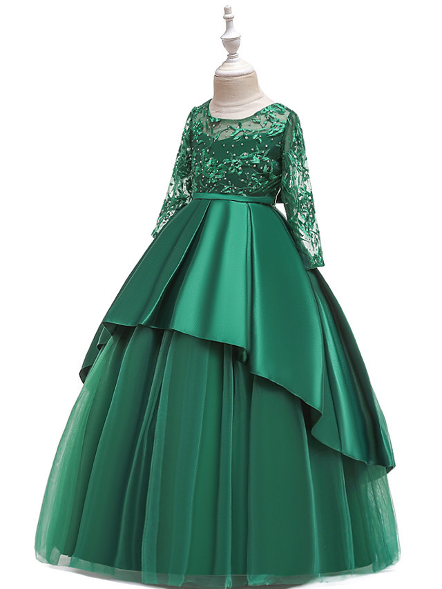 Princess Floor Length Wedding / Party / Pageant Flower Girl Dresses - Lace / Satin / Tulle Long Sleeve Jewel Neck With Lace / Belt / Crystals
