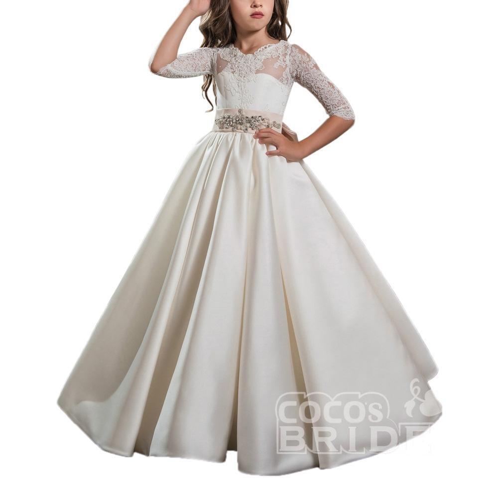Ivory Scoop Neck Long Sleeves Ball Gown Flower Girls Dress