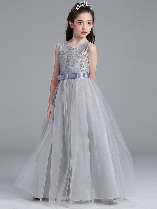 Long Floor Length Tulle Lace Junior Bridesmaid Dress A-line Flower Girl Dresses