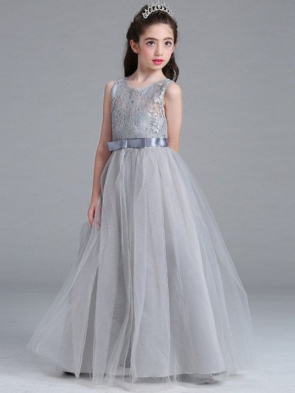 Long Floor Length Tulle Lace Junior Bridesmaid Dress A-line Flower Girl Dresses