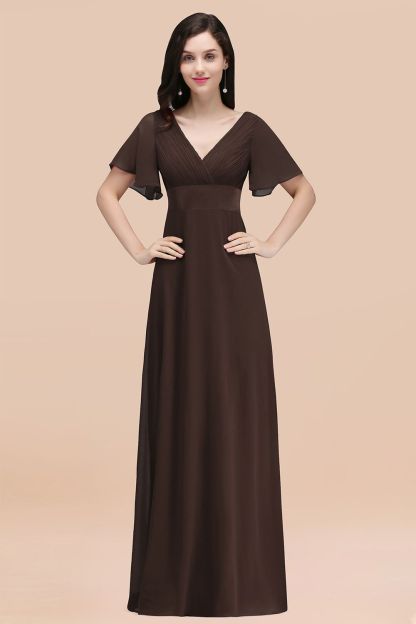 Simple A-Line Chiffon V-Neck Short-Sleeves Ruffles Floor-Length Bridesmaid Dresses