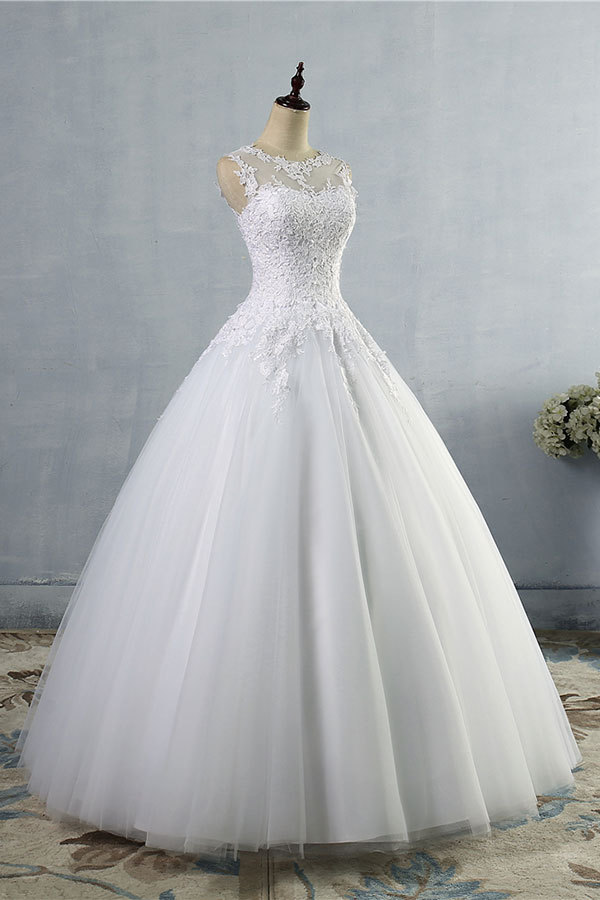 Long Appliques Lace Tulle A-line Wedding Dress