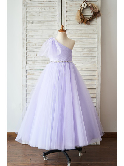 Ball Gown Floor Length Wedding / Birthday Flower Girl Dresses - Tulle Sleeveless One Shoulder With Belt / Bow(S)