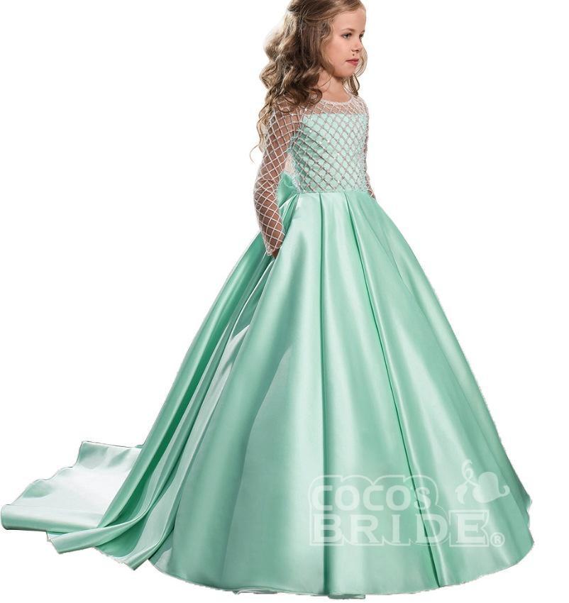 White Scoop Neck Long Sleeves Ball Gown Flower Girls Dress