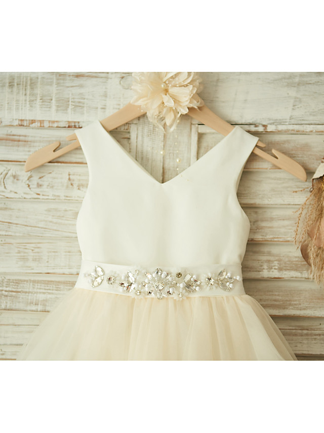 Ball Gown Knee Length Wedding / Birthday / Pageant Flower Girl Dresses - Satin / Tulle Sleeveless V Neck With Bows / Belt / Beading