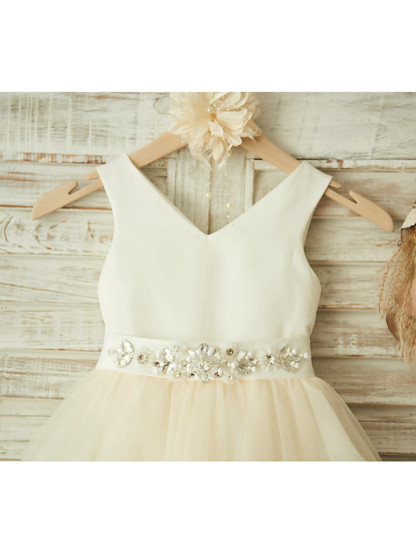 Ball Gown Knee Length Wedding / Birthday / Pageant Flower Girl Dresses - Satin / Tulle Sleeveless V Neck With Bows / Belt / Beading