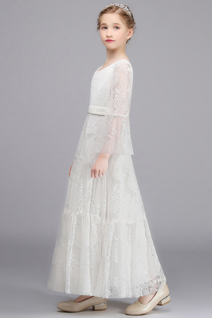 Long A-line Appliques Lace V-neck Floor Length Flower Girl Dress with Sleeves