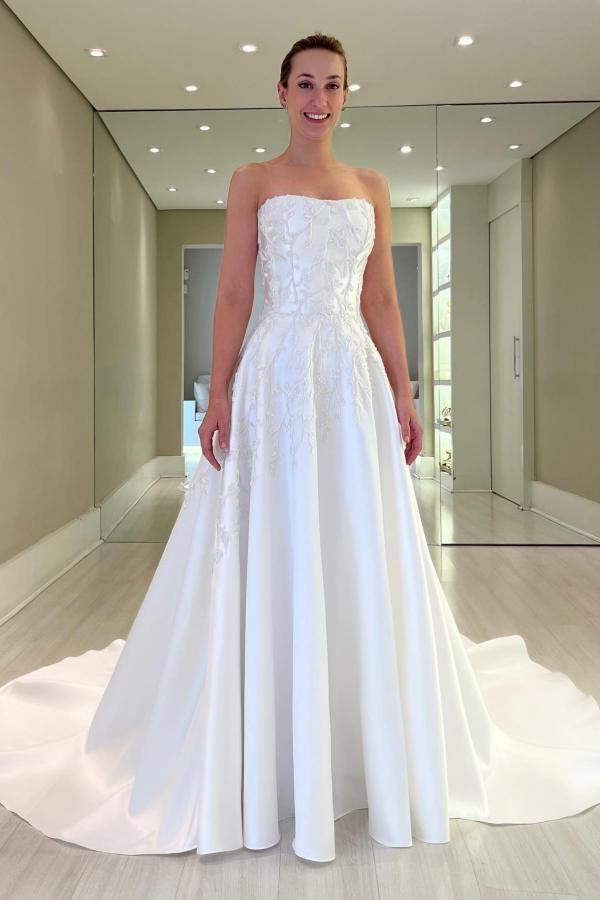 Gorgeous Long A-line Strapless Sleeveless Satin Wedding Dresses  COCOSBRIDE