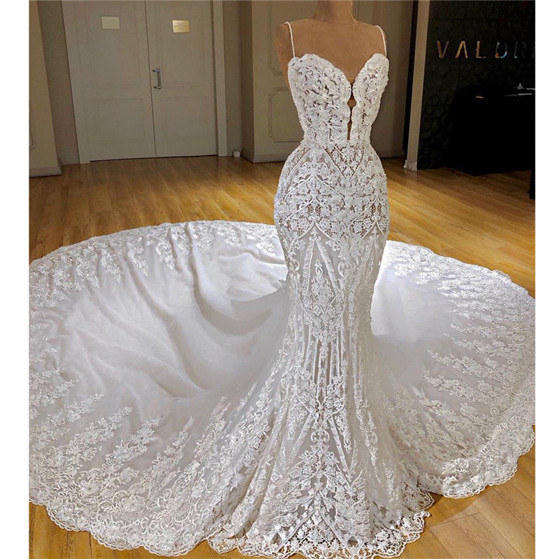 Long Spaghetti Straps Appliques Lace Mermaid Wedding Dress With Cathedral Train
