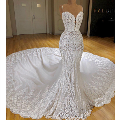 Long Spaghetti Straps Appliques Lace Mermaid Wedding Dress With Cathedral Train
