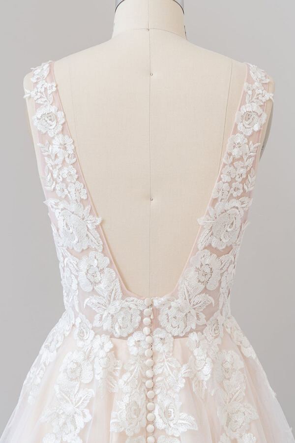 Long A-line V-neck Appliques Lace Tulle Floor length Wedding Dress