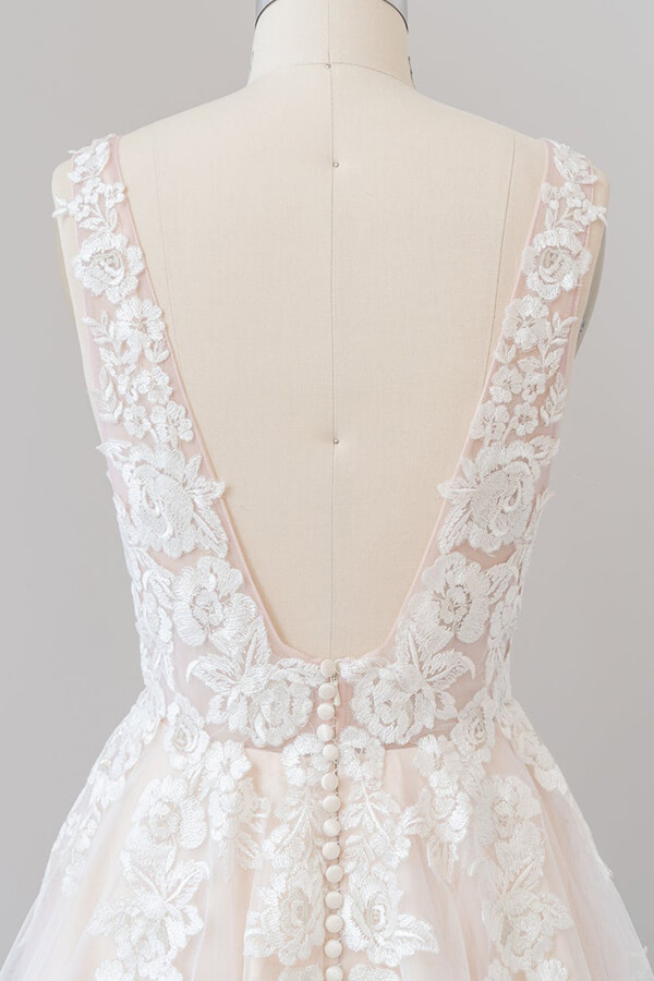 Long A-line V-neck Appliques Lace Tulle Floor length Wedding Dress