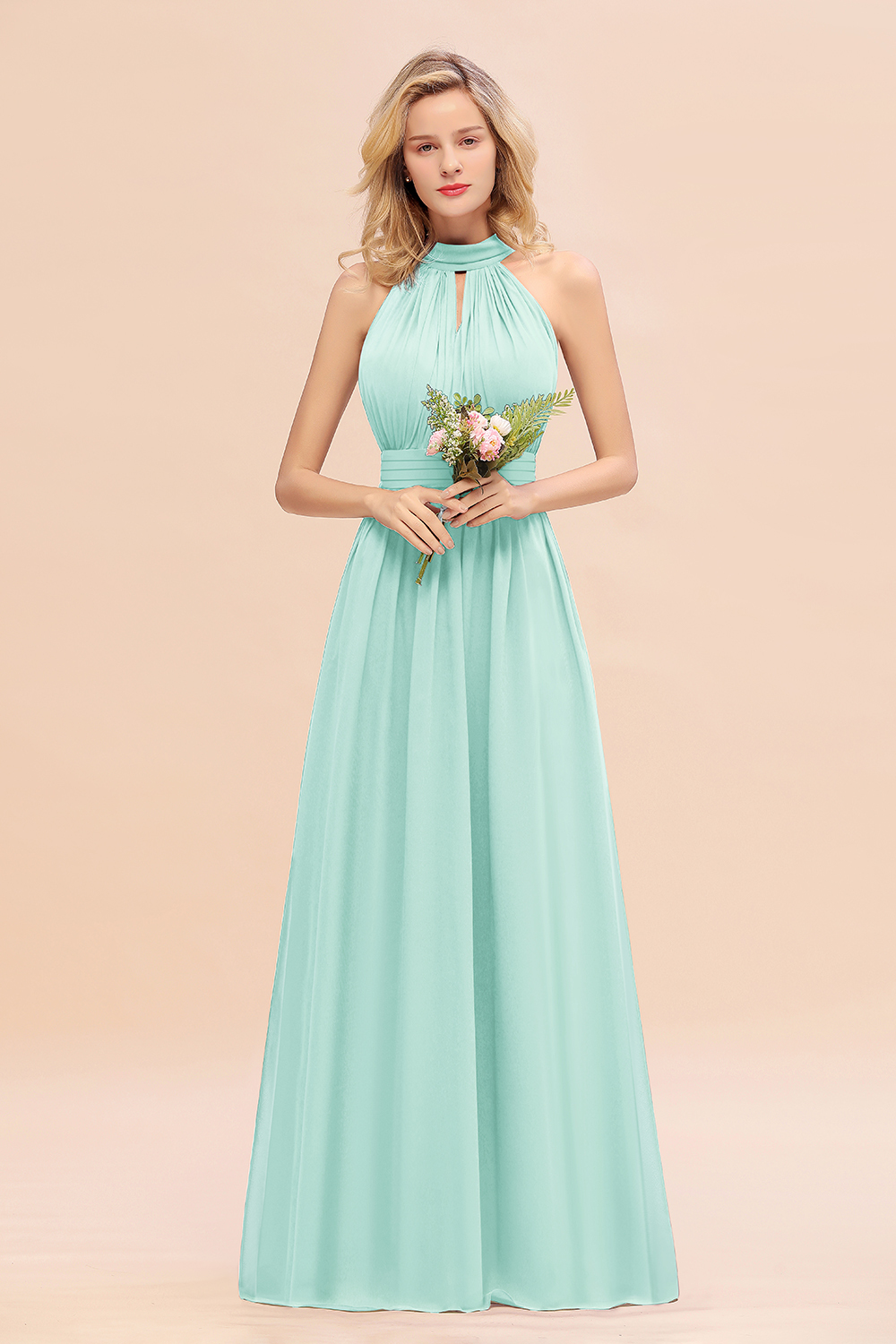 BM0758 Glamorous High-Neck Halter Bridesmaid Affordable Dresses with Ruffle