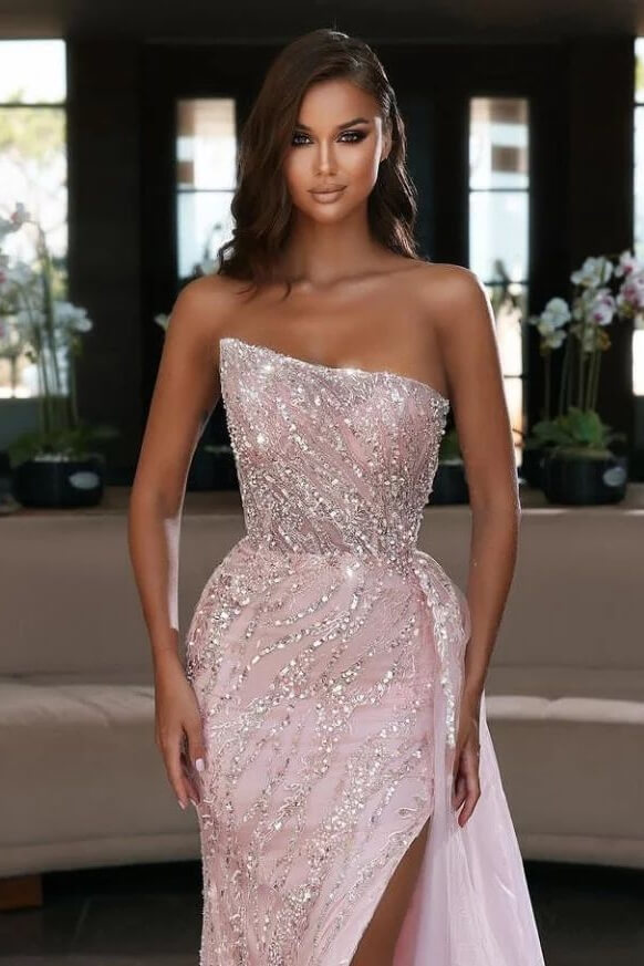 Long Mermaid Strapless Tulle Beads High Split Prom Dresses
