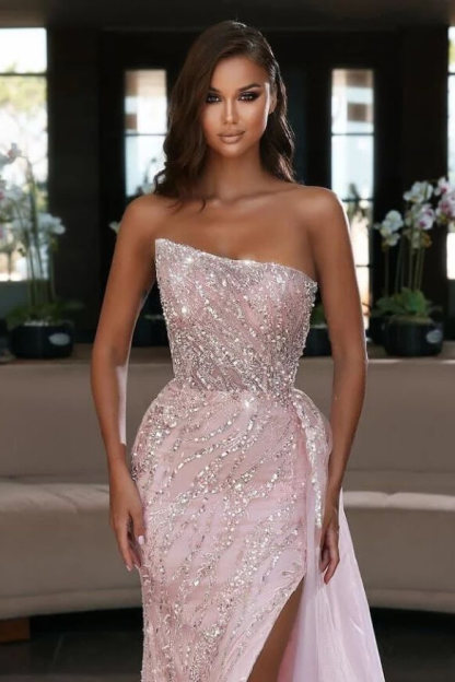 Long Mermaid Strapless Tulle Beads High Split Prom Dresses