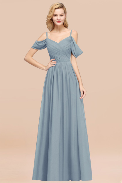 A-Line Chiffon V-Neck Spaghetti Straps Short-Sleeves Floor-Length Bridesmaid Dresses with Ruffles
