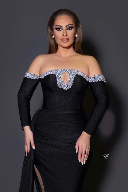 Black Mermaid Off The Shoulder Long Sleeve Prom Dress with Beads
