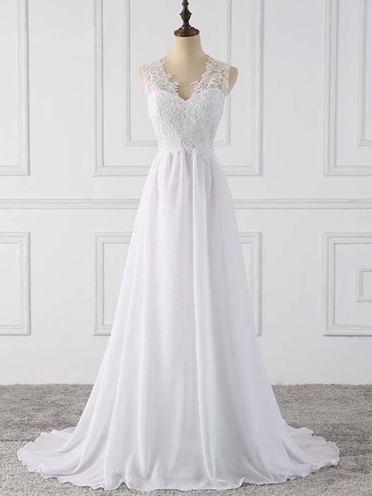 Elegant Long Chiffon V-Neck Sleeveless Covered Button Ruffles Wedding Dresses