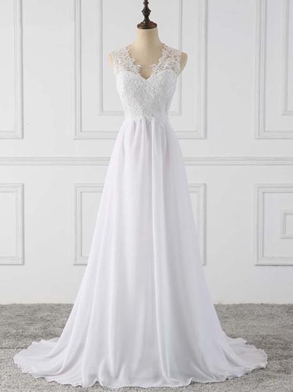 Elegant Long Chiffon V-Neck Sleeveless Covered Button Ruffles Wedding Dresses