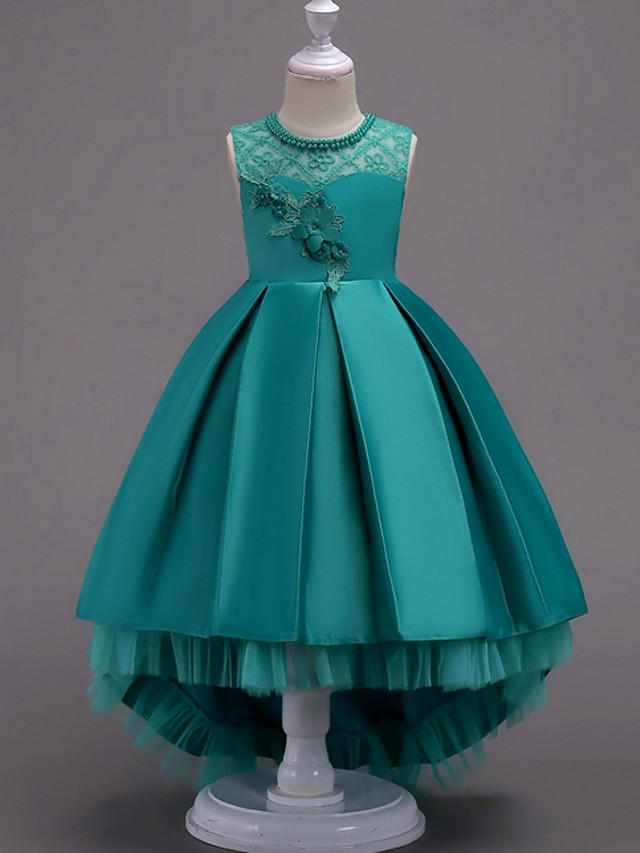 A-Line Asymmetrical Pageant Flower Girl Dresses - Satin Sleeveless Jewel Neck With Lace / Bow(S) / Beading