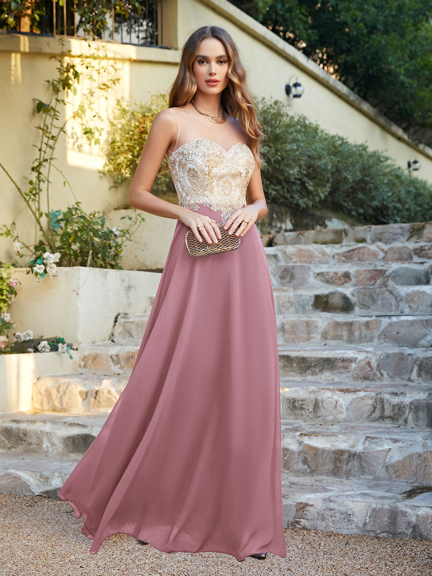 Elegant Long A-line Chiffon Sleeveless Tulle Lace Appliques Prom Dress
