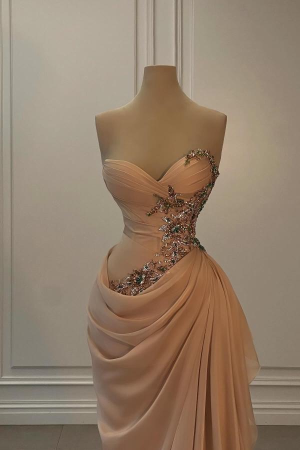 Strapless Sweetheart Mermaid Long Draped Satin Prom Dress with Beads and Rhinestones