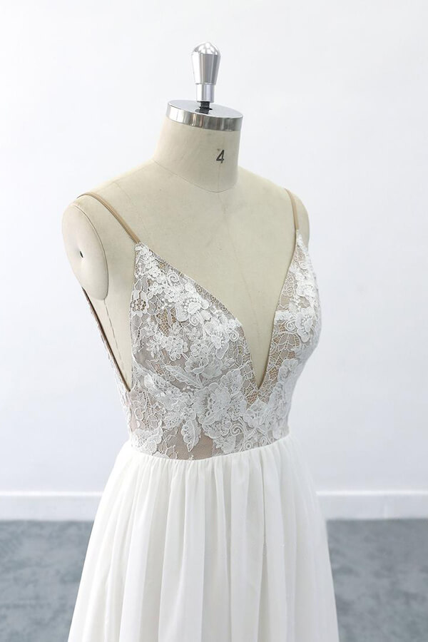 Elegant Long V-neck Lace Chiffon A-line Open Back Wedding Dress