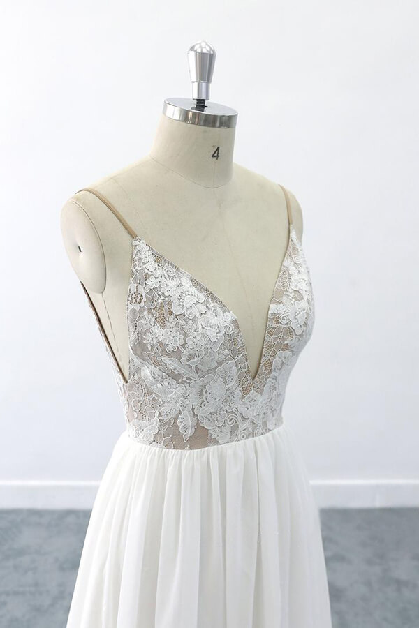Elegant Long V-neck Lace Chiffon A-line Open Back Wedding Dress