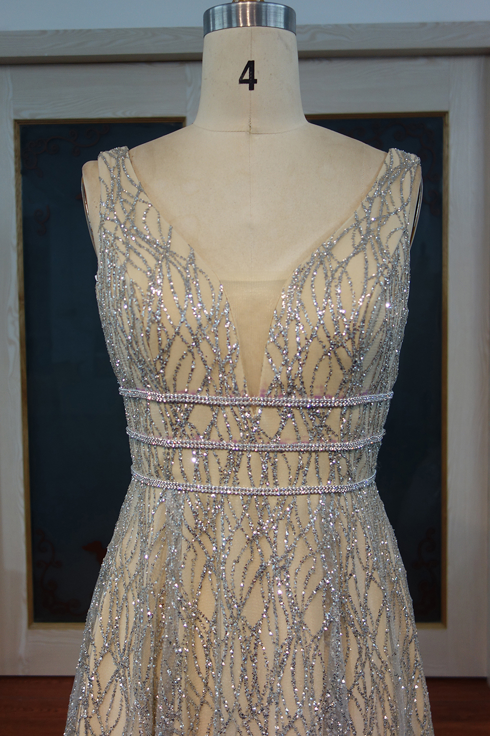 Long A-line Sleeveless Floor Length Sequined V-neck Prom Dresses