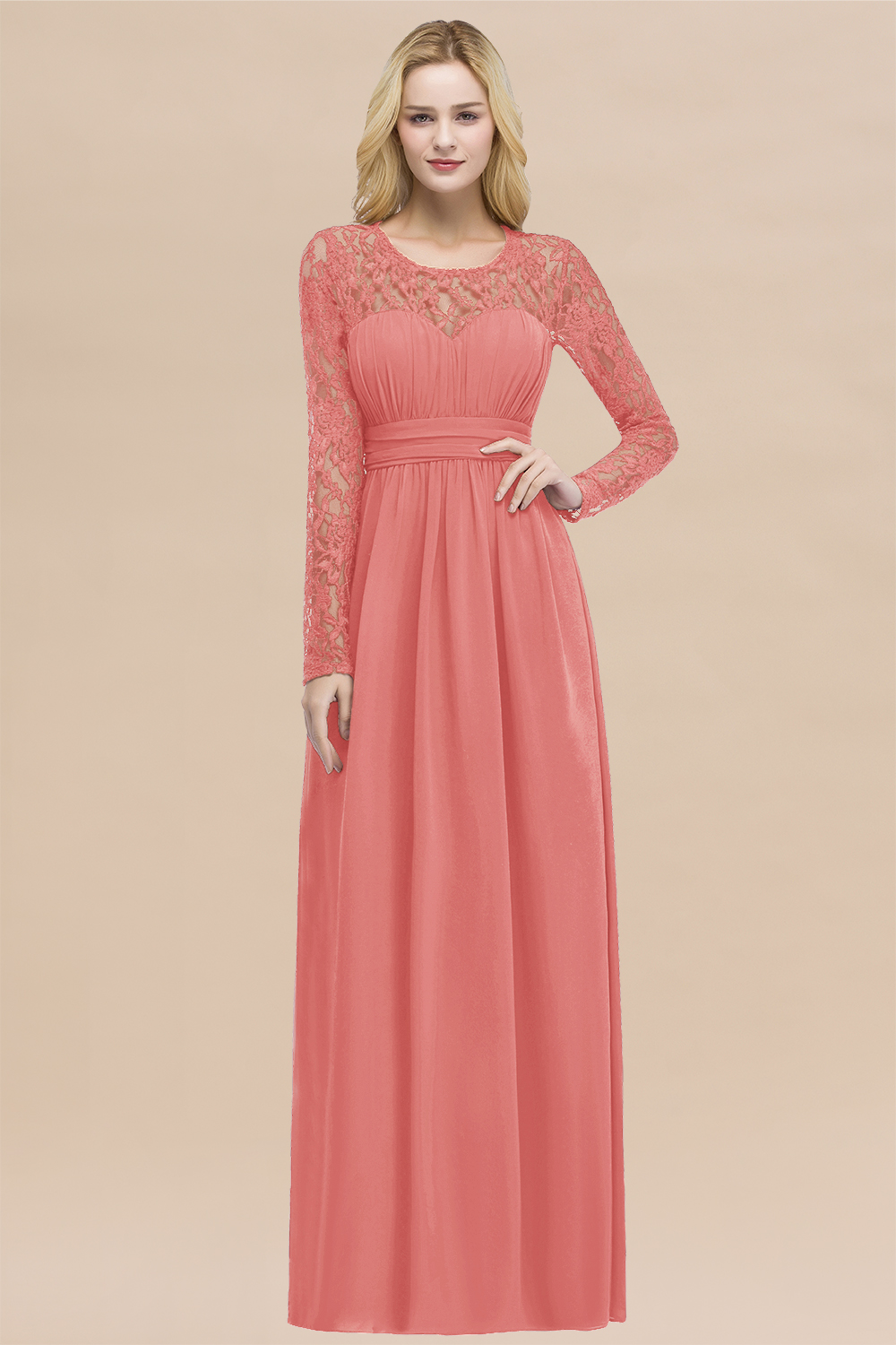 Elegant A-Line Chiffon Jewel Long Sleeves Ruffles Floor-Length Bridesmaid Dresses