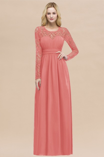 Elegant A-Line Chiffon Jewel Long Sleeves Ruffles Floor-Length Bridesmaid Dresses