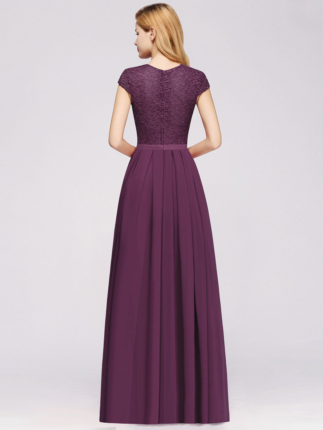 A-line Chiffon Crew Neck Capped Floor Length Bridesmaid Dress with Lace Hollowout