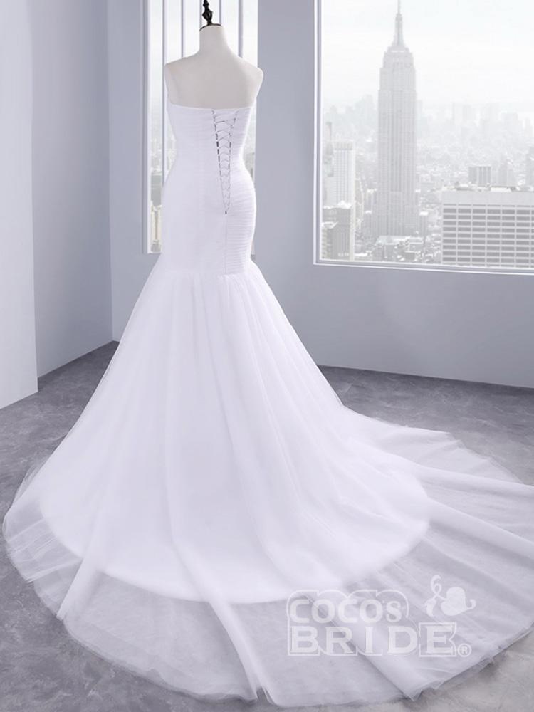 White Long Ruffle Tulle Sweetheart Mermaid Wedding Dresses