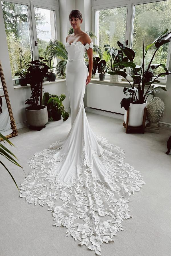 lace and chiffon mermaid wedding dress Long Off The Shoulder Chiffon Appliques Lace Mermaid Floor Length Wedding  Dress