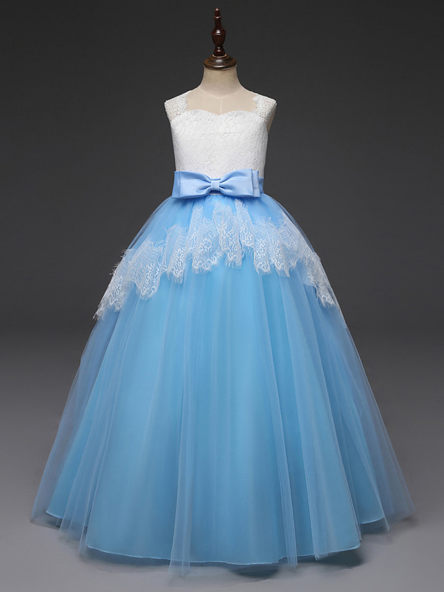 Long A-line Tulle Lace Sleeveless Flower Girl Dresses with Bow