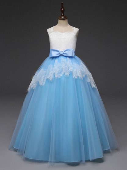 Long A-line Tulle Lace Sleeveless Flower Girl Dresses with Bow