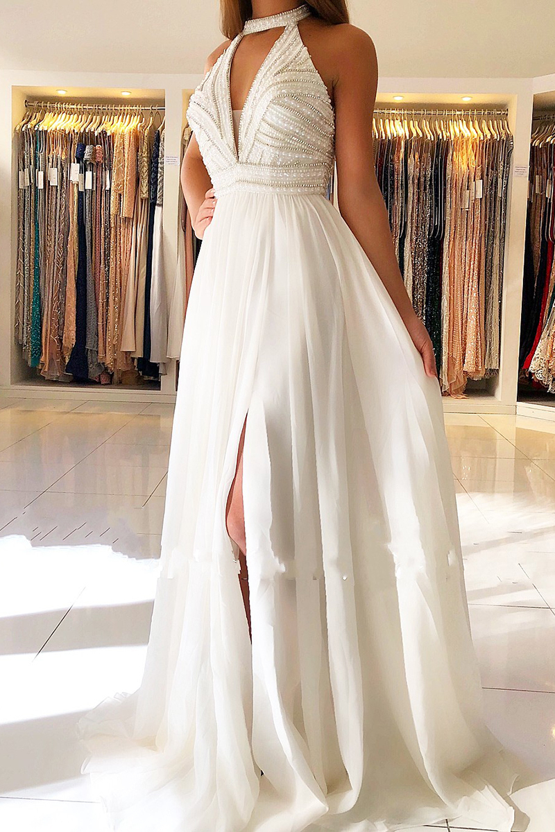 Vintage Halter Beading Keyhole Backless A-Line Prom Dress With Side Slit