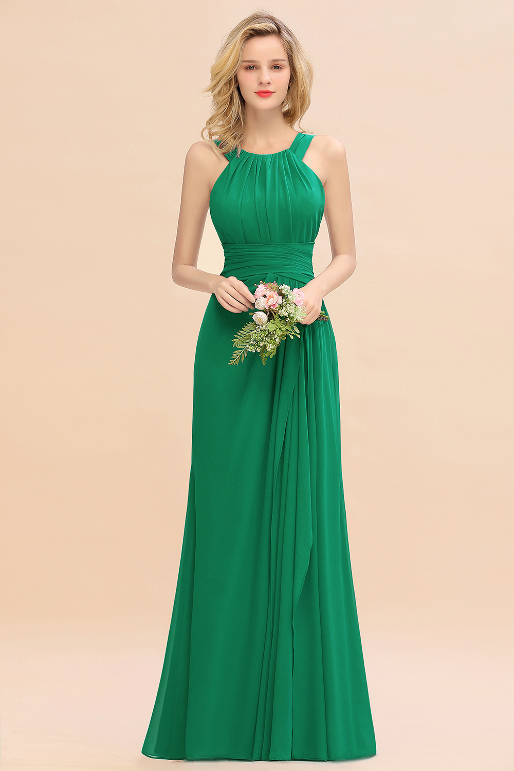 Long A-line Halter Chiffon Backless Floor-length Bridesmaid Dresses